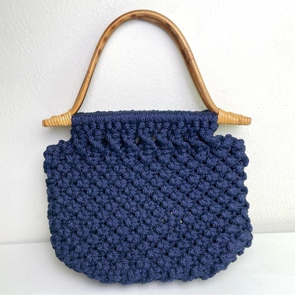 Handmade Bohemian Boho Minimalist Neutral Woven Macrame Shoulder bag Wood Handle - Picture 3 of 8
